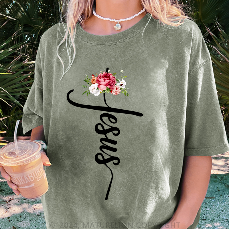 Maturelion Jesus Damen Gewaschene Vintage T-Shirt