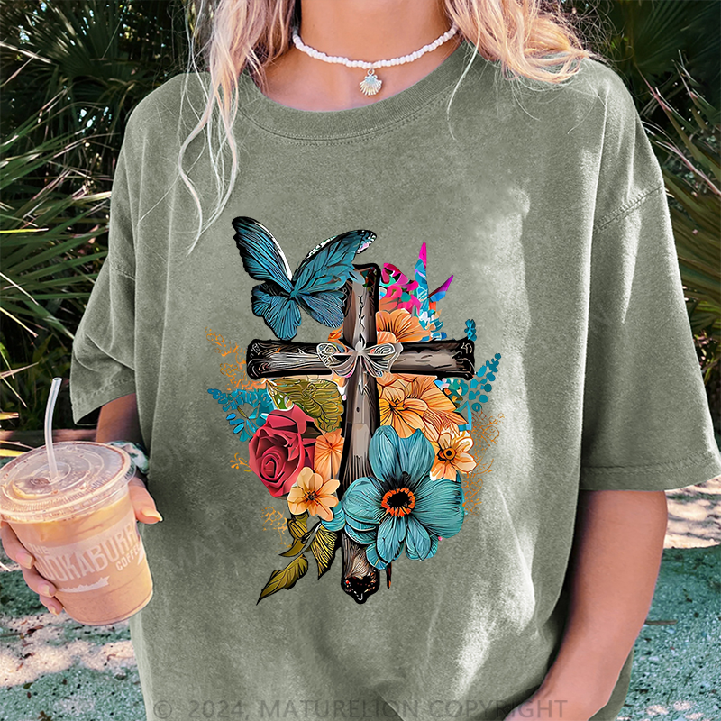 Maturelion Kreuz und Blumen Damen Gewaschene Vintage T-Shirt