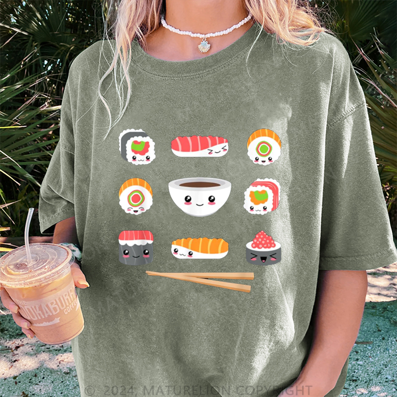 Maturelion Schöne Sushi Damen Gewaschene Vintage T-Shirt