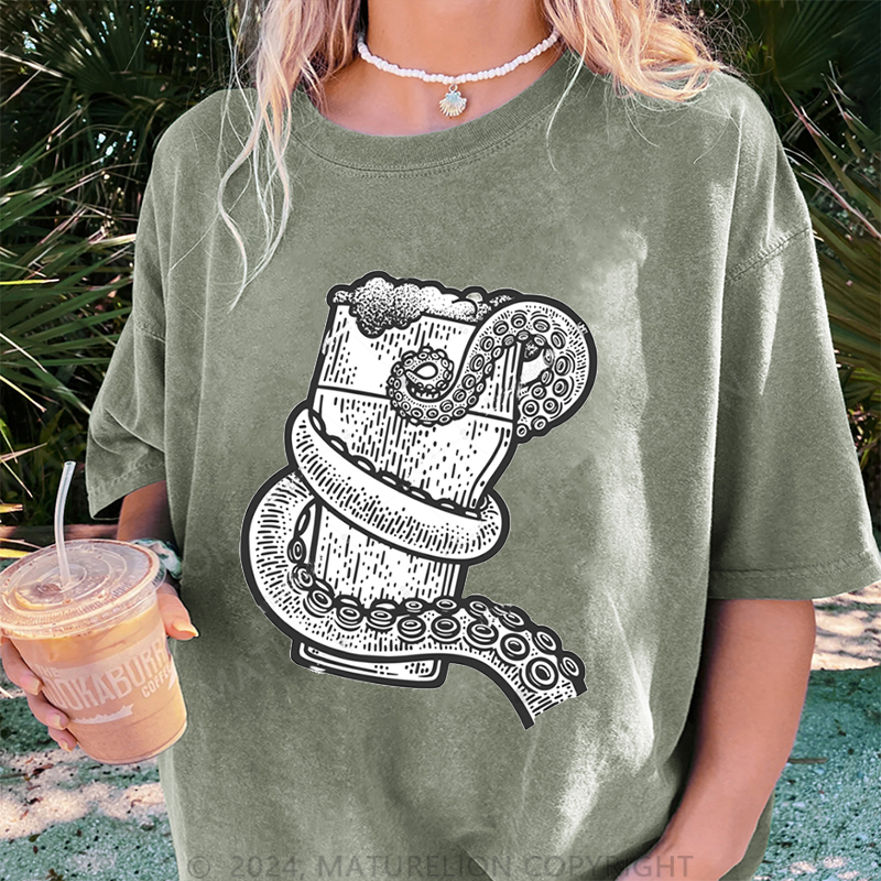 Maturelion Oktopus Und Bier Damen Gewaschene Vintage T-Shirt