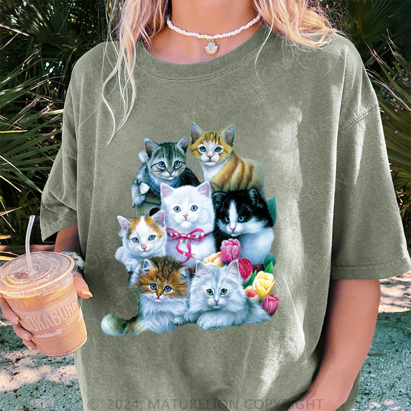 Maturelion Süße Katzen Damen Gewaschene Vintage T-Shirt