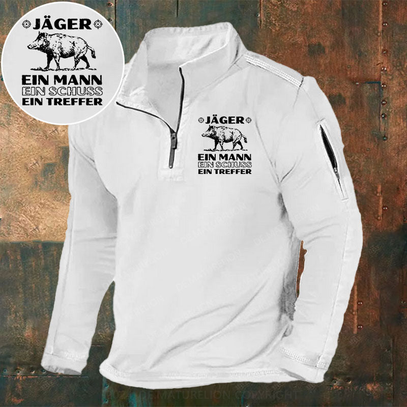 Jäger Ein Mann Ein Schuss Ein Treffer Stehkragen Reißverschluss Polo Shirt