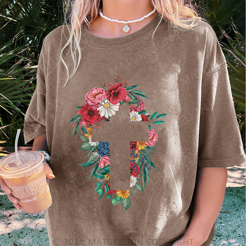 Maturelion Kreuz Blumen Damen Gewaschene Vintage T-Shirt