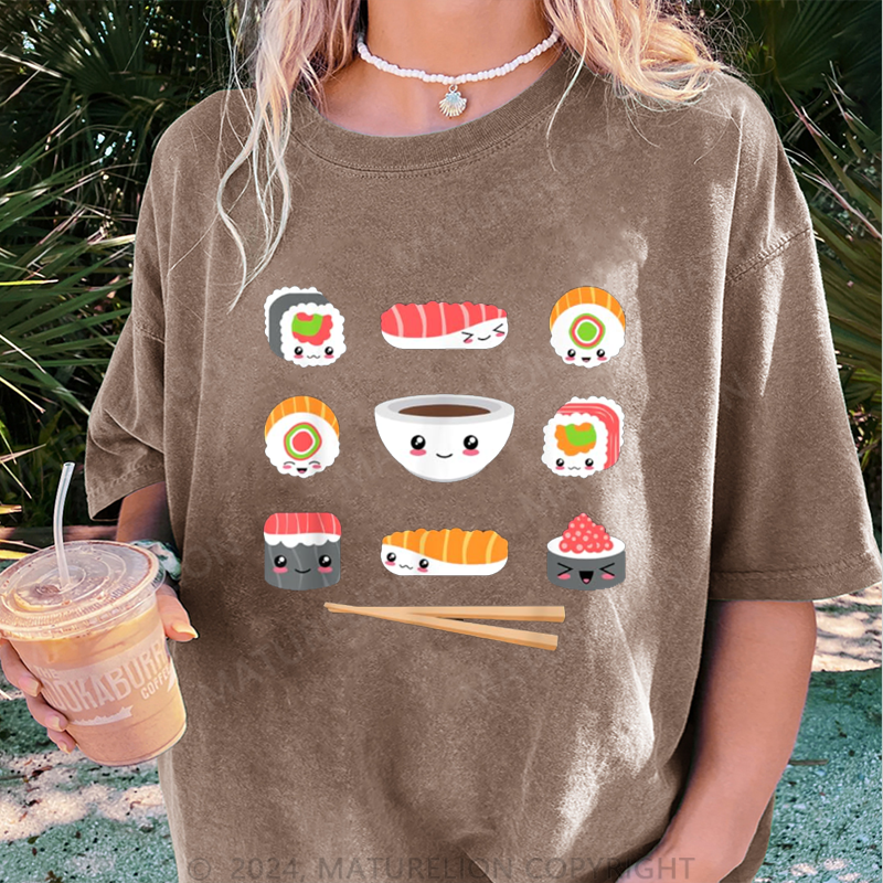 Maturelion Schöne Sushi Damen Gewaschene Vintage T-Shirt