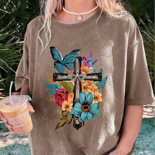 Maturelion Kreuz und Blumen Damen Gewaschene Vintage T-Shirt