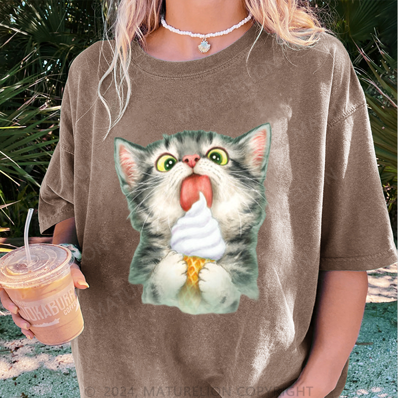 Maturelion Katze und Eis Damen Gewaschene Vintage T-Shirt