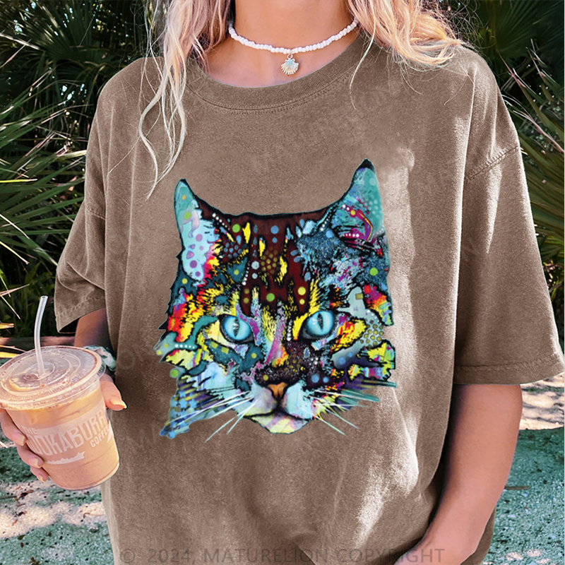 Maturelion Die Katze Damen Gewaschene Vintage T-Shirt