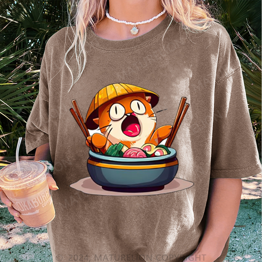 Maturelion Katze Und Sushi Damen Gewaschene Vintage T-Shirt