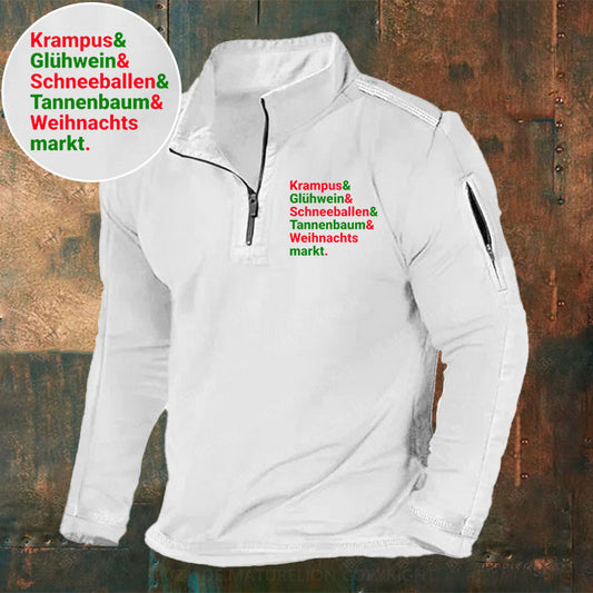 Krampus Glühwein Schneeballen Tannenbaum Weihnachtsmarkt Stehkragen Reißverschluss Polo Shirt