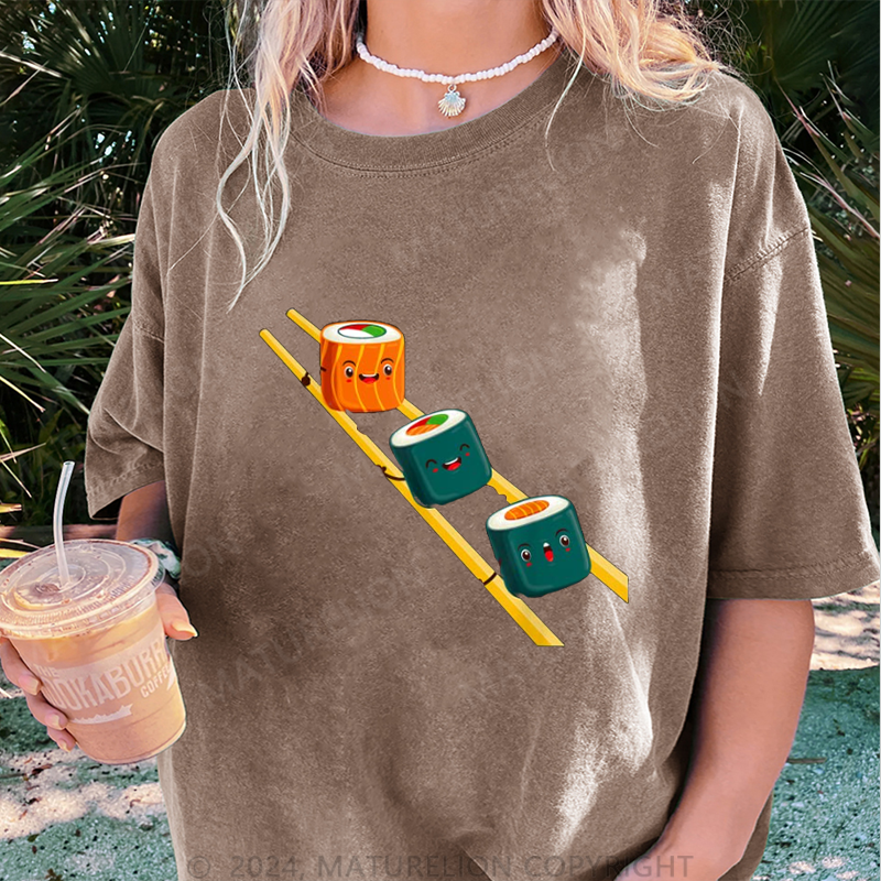 Maturelion Sushi Essstäbchen Damen Gewaschene Vintage T-Shirt
