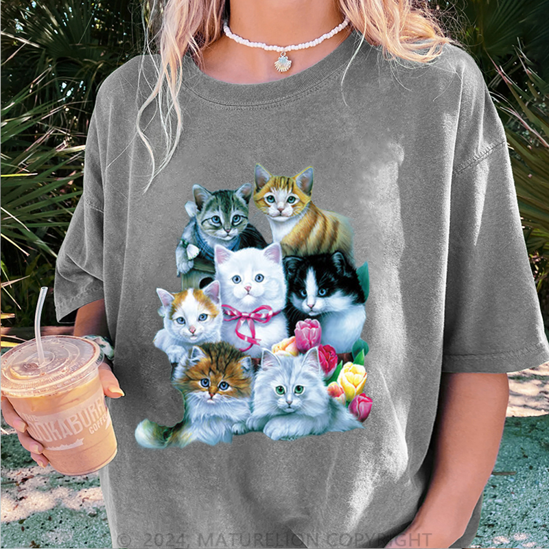 Maturelion Süße Katzen Damen Gewaschene Vintage T-Shirt