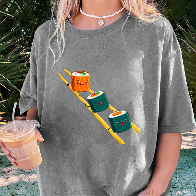 Maturelion Sushi Essstäbchen Damen Gewaschene Vintage T-Shirt