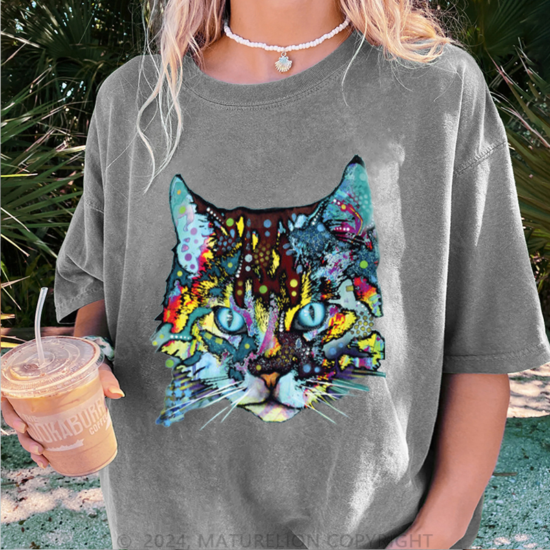 Maturelion Die Katze Damen Gewaschene Vintage T-Shirt