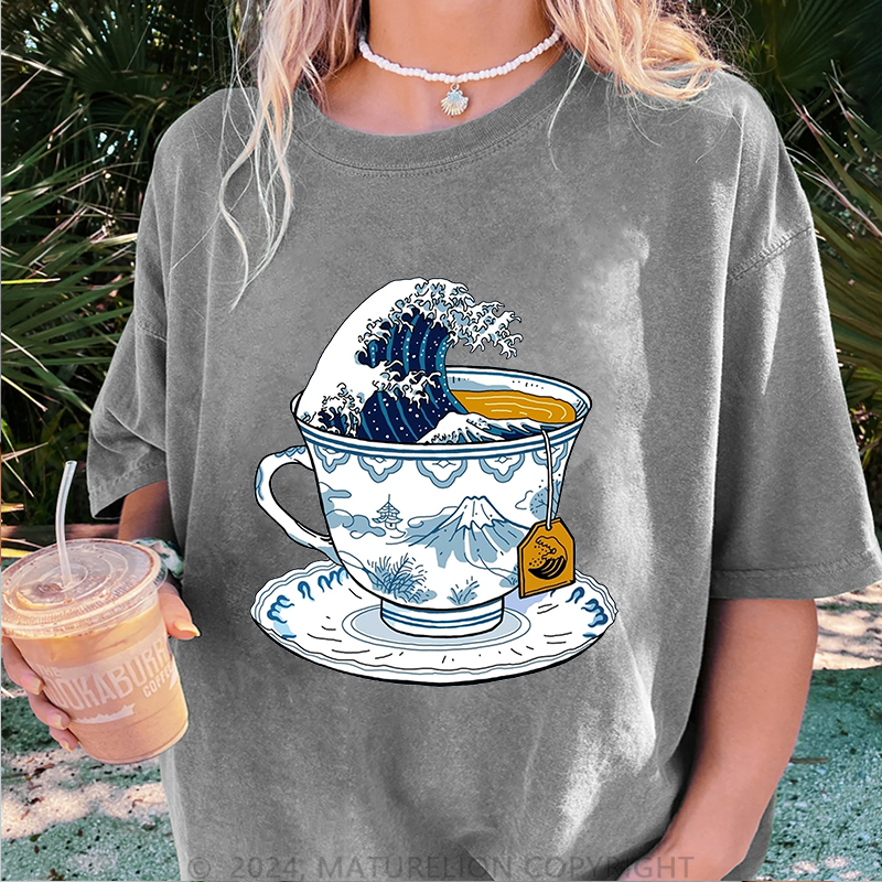 Maturelion Japanischer Tee Damen Gewaschene Vintage T-Shirt
