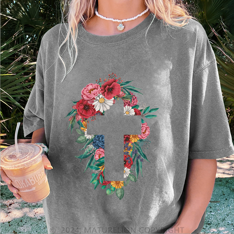 Maturelion Kreuz Blumen Damen Gewaschene Vintage T-Shirt