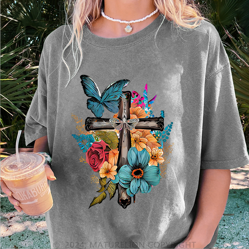 Maturelion Kreuz und Blumen Damen Gewaschene Vintage T-Shirt