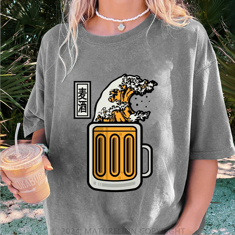 Maturelion Japanisches Bier Damen Gewaschene Vintage T-Shirt