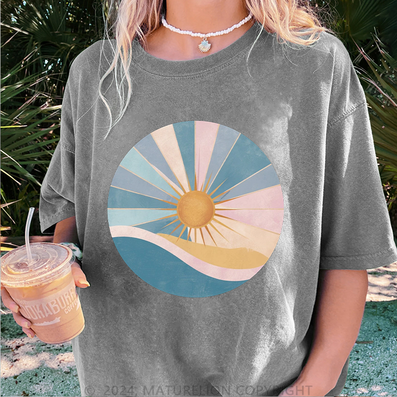 Maturelion Die Sonne Damen Gewaschene Vintage T-Shirt