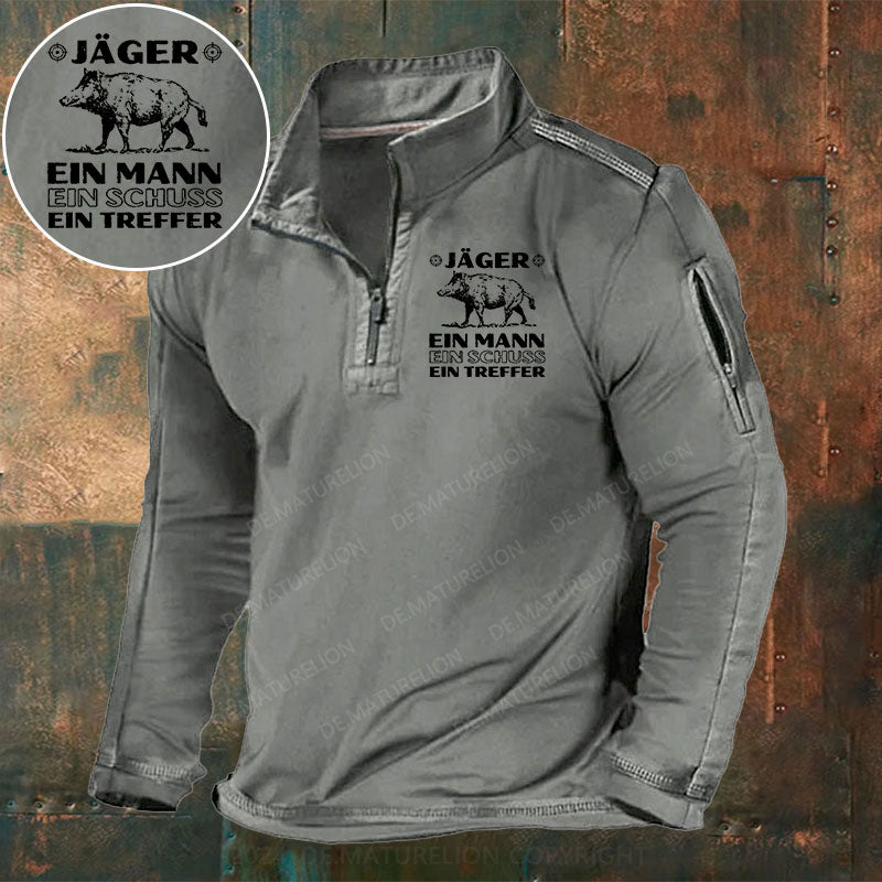 Jäger Ein Mann Ein Schuss Ein Treffer Stehkragen Reißverschluss Polo Shirt