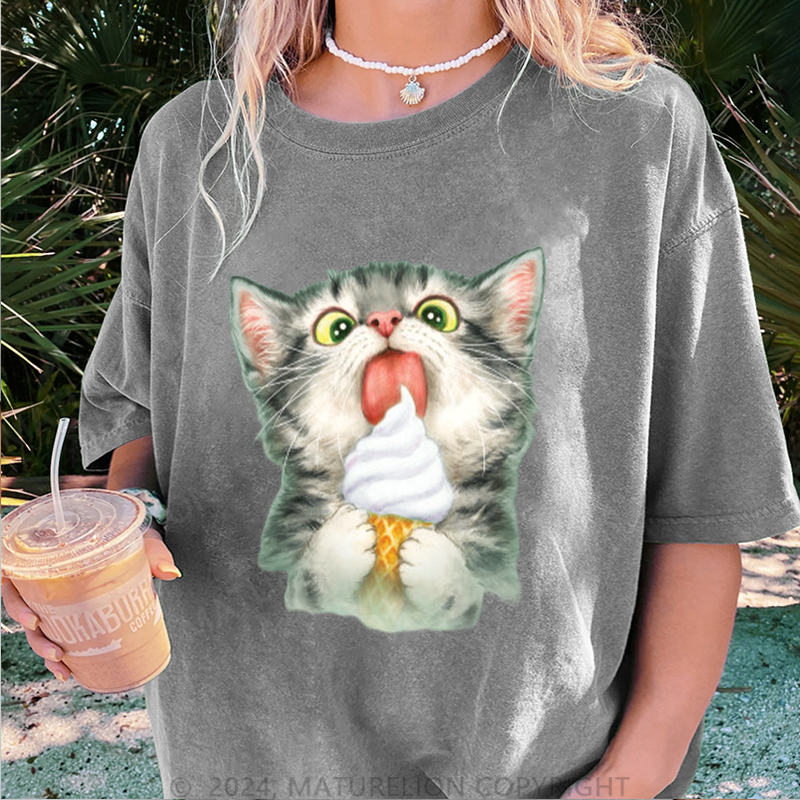 Maturelion Katze und Eis Damen Gewaschene Vintage T-Shirt