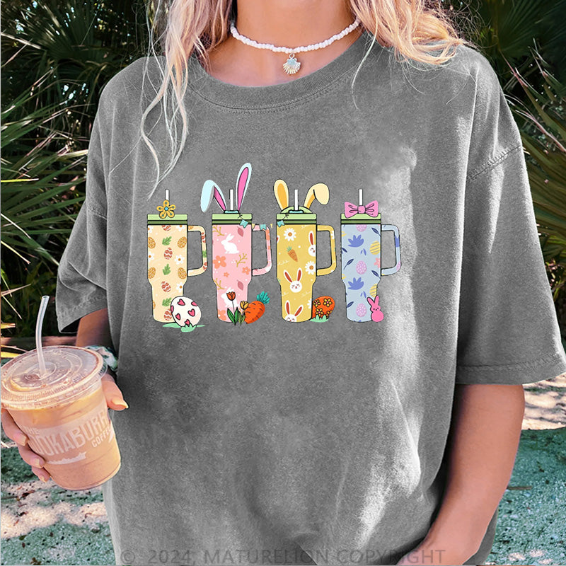 Maturelion Frohe Ostern und Getränke Damen Gewaschene Vintage T-Shirt