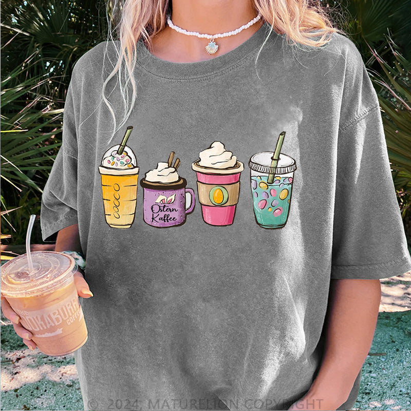 Maturelion Ostern Kaffee Hase und Ei Damen Gewaschene Vintage T-Shirt