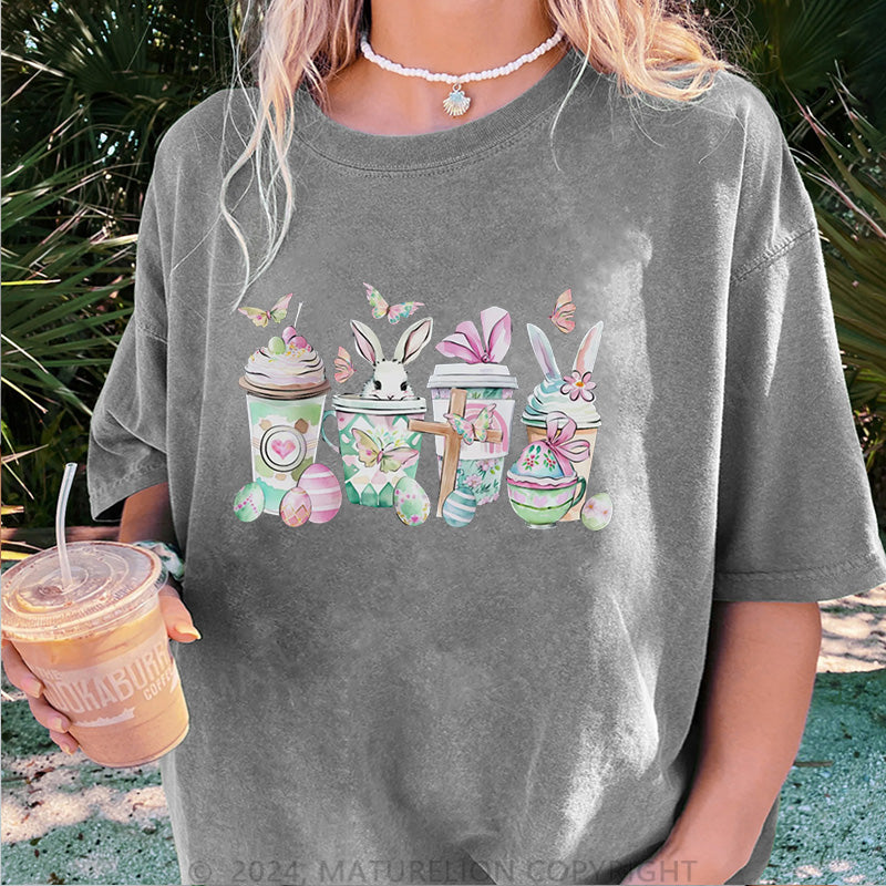 Maturelion Osterhase und Getränke Damen Gewaschene Vintage T-Shirt