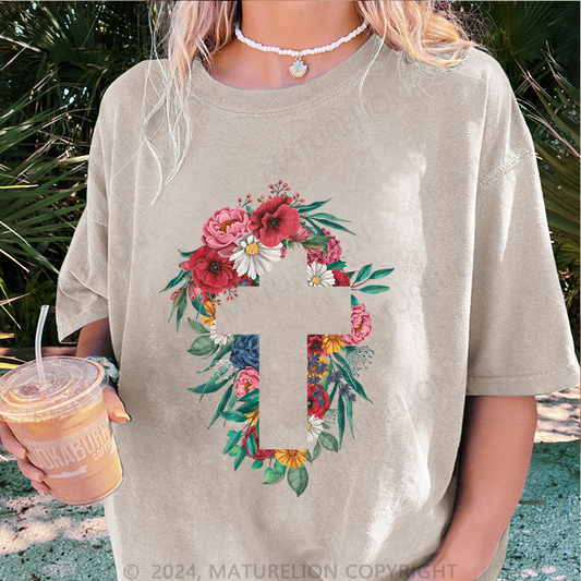 Maturelion Kreuz Blumen Damen Gewaschene Vintage T-Shirt