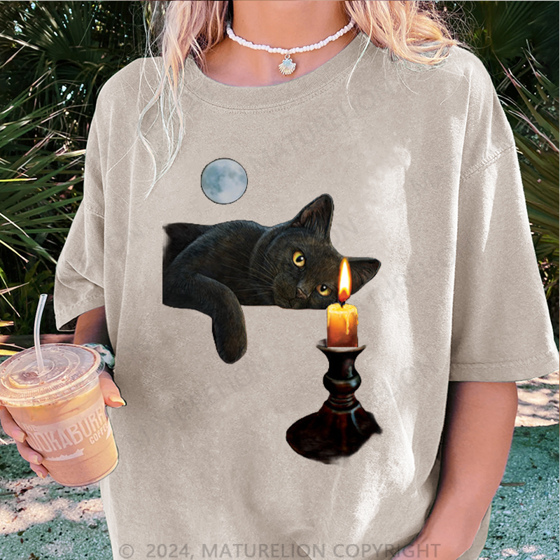 Maturelion Katze und Kerze Damen Gewaschene Vintage T-Shirt
