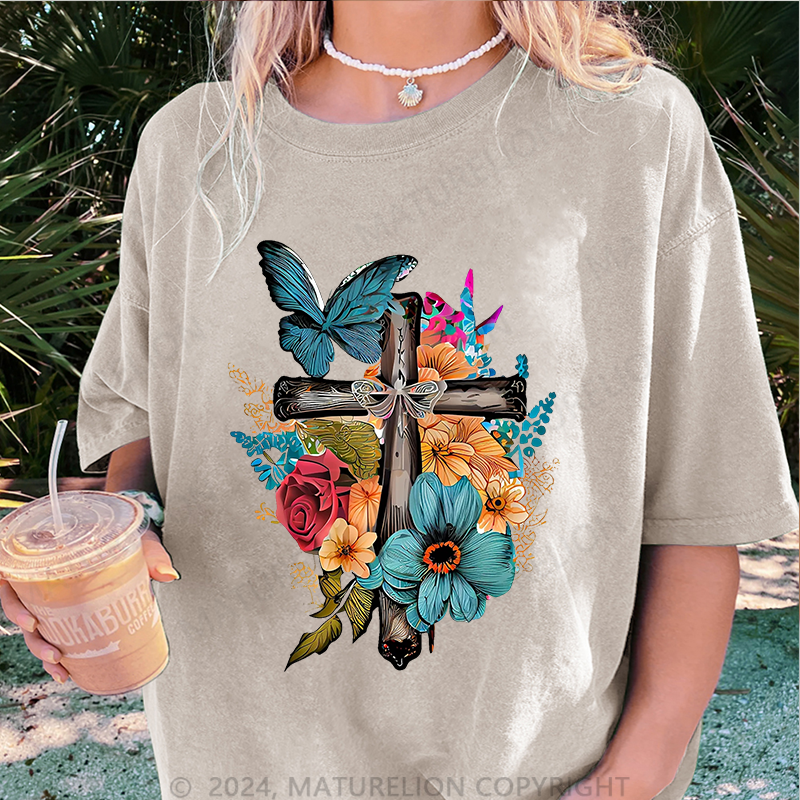 Maturelion Kreuz und Blumen Damen Gewaschene Vintage T-Shirt