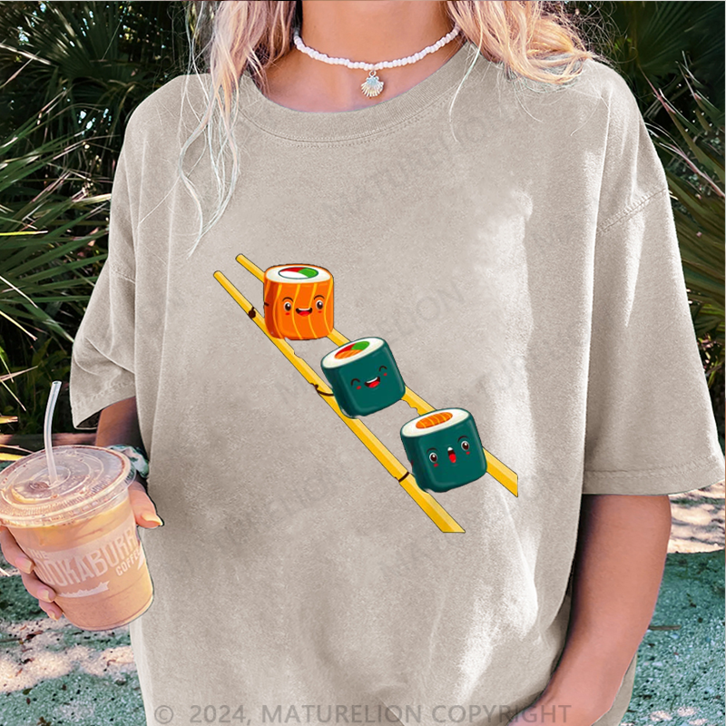 Maturelion Sushi Essstäbchen Damen Gewaschene Vintage T-Shirt