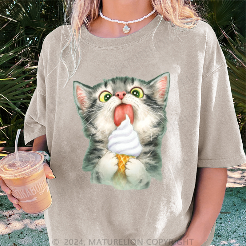 Maturelion Katze und Eis Damen Gewaschene Vintage T-Shirt
