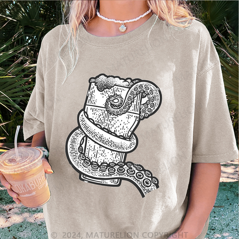 Maturelion Oktopus Und Bier Damen Gewaschene Vintage T-Shirt
