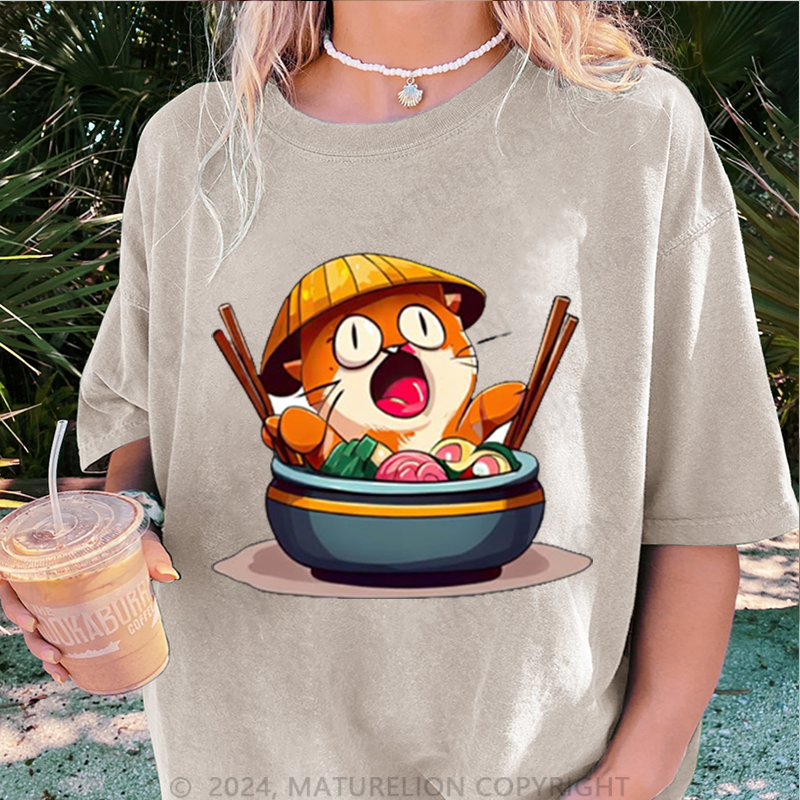 Maturelion Katze Und Sushi Damen Gewaschene Vintage T-Shirt