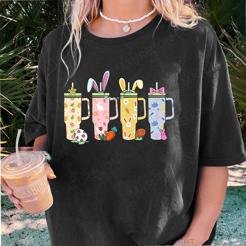 Maturelion Frohe Ostern und Getränke Damen Gewaschene Vintage T-Shirt