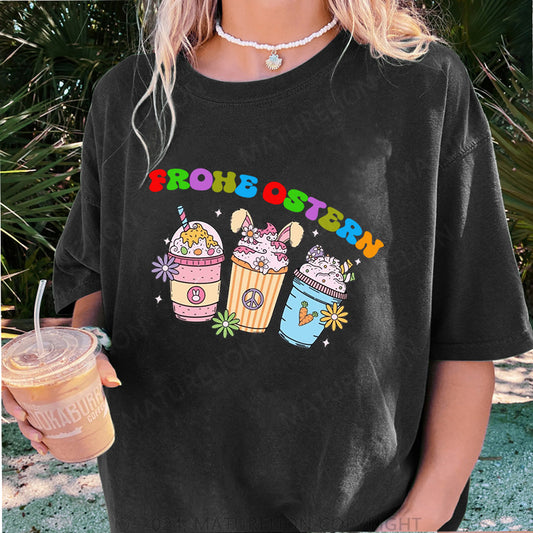Maturelion Frohe Ostern und Getränke Damen Gewaschene Vintage T-Shirt