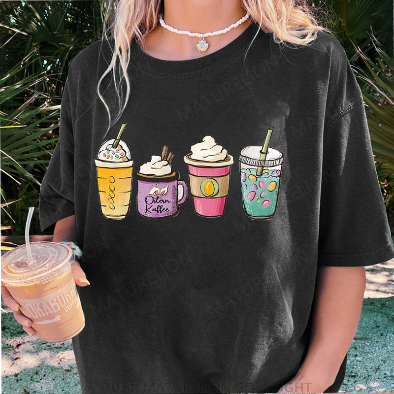 Maturelion Ostern Kaffee Hase und Ei Damen Gewaschene Vintage T-Shirt
