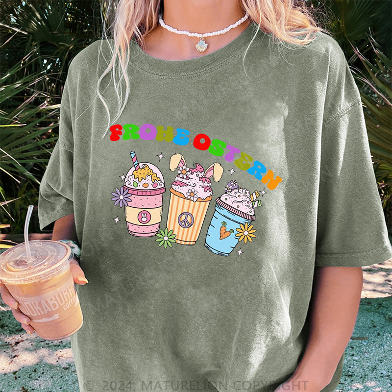 Maturelion Frohe Ostern und Getränke Damen Gewaschene Vintage T-Shirt