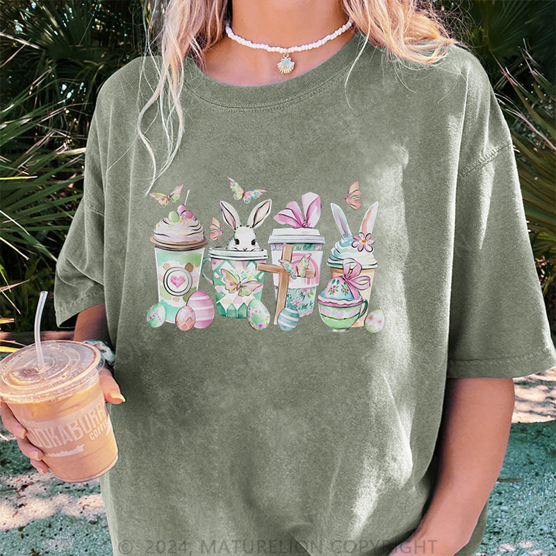 Maturelion Osterhase und Getränke Damen Gewaschene Vintage T-Shirt