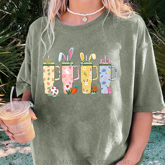Maturelion Frohe Ostern und Getränke Damen Gewaschene Vintage T-Shirt