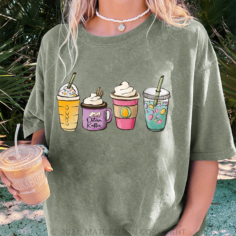 Maturelion Ostern Kaffee Hase und Ei Damen Gewaschene Vintage T-Shirt