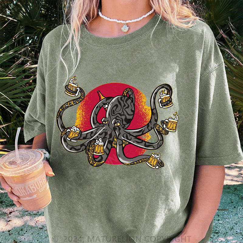 Maturelion Oktopus Und Bier Damen Gewaschene Vintage T-Shirt