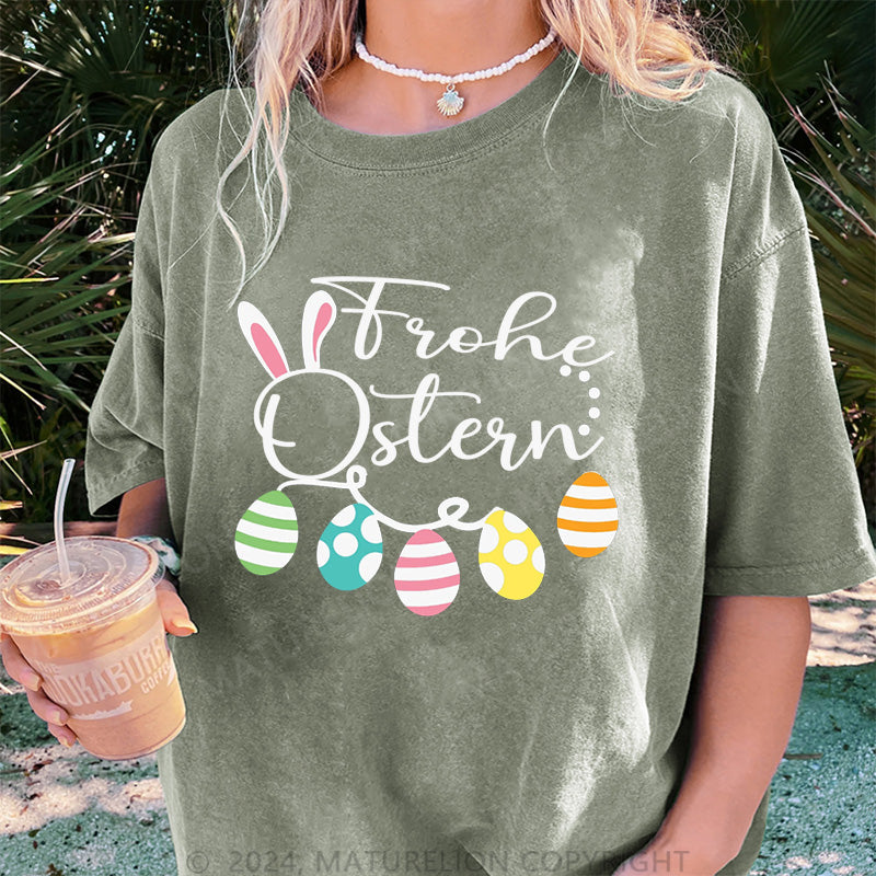 Maturelion Frohe Ostern und Ostereier Damen Gewaschene Vintage T-Shirt