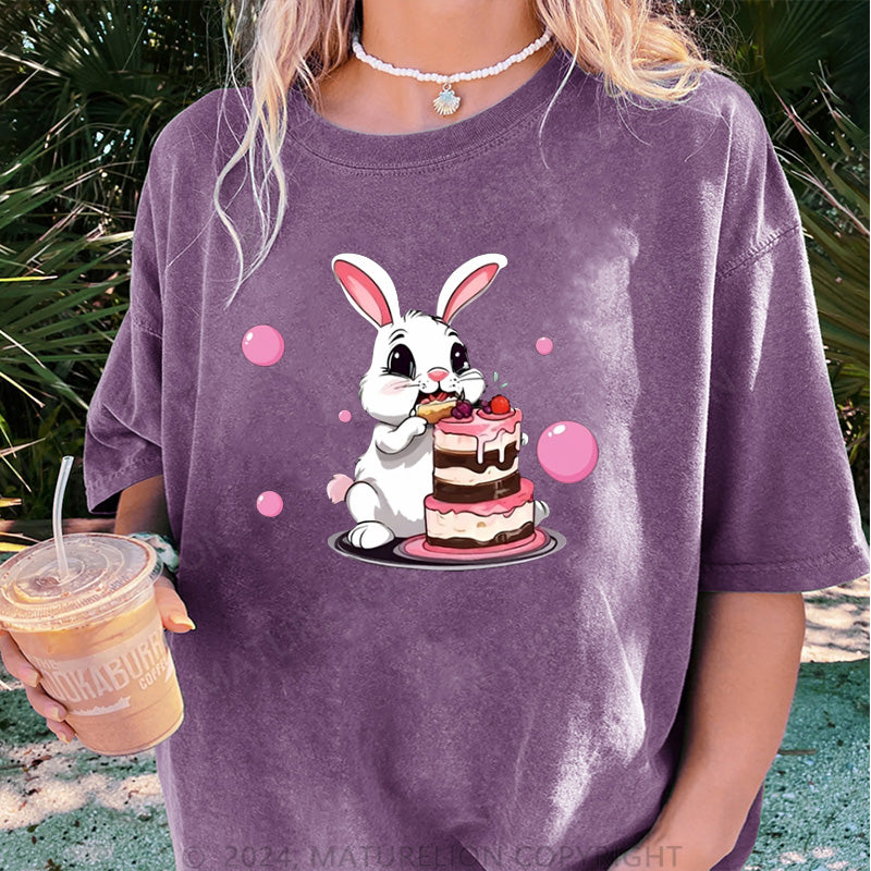 Maturelion Rosa Hase Damen Gewaschene Vintage T-Shirt