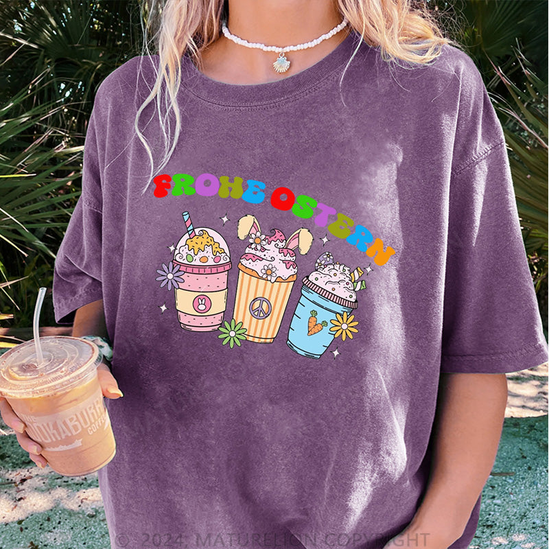 Maturelion Frohe Ostern und Getränke Damen Gewaschene Vintage T-Shirt