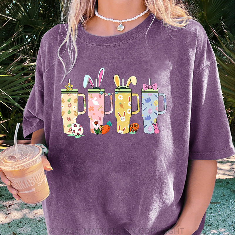 Maturelion Frohe Ostern und Getränke Damen Gewaschene Vintage T-Shirt