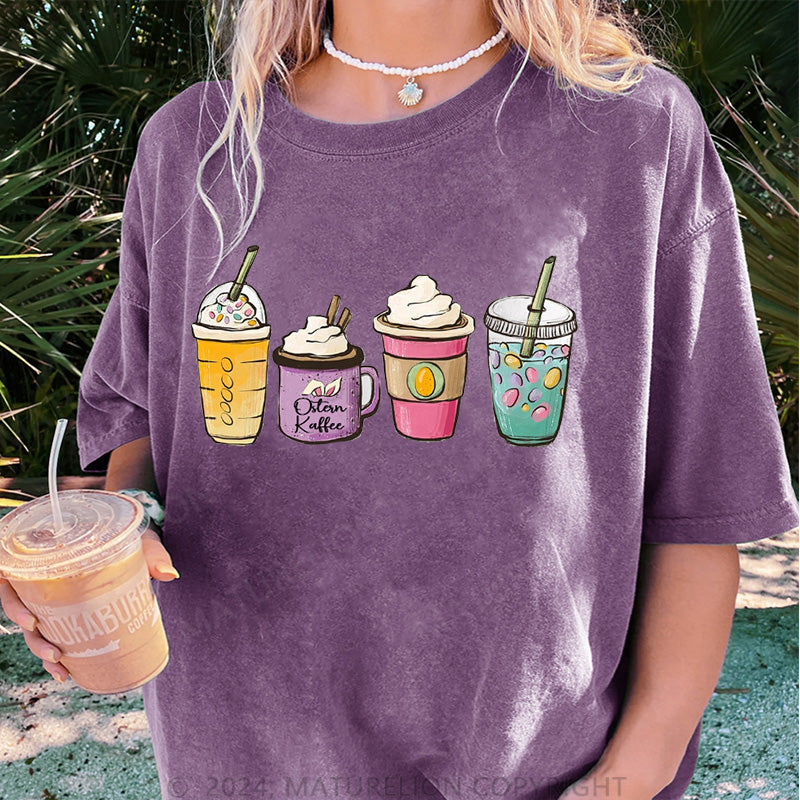 Maturelion Ostern Kaffee Hase und Ei Damen Gewaschene Vintage T-Shirt