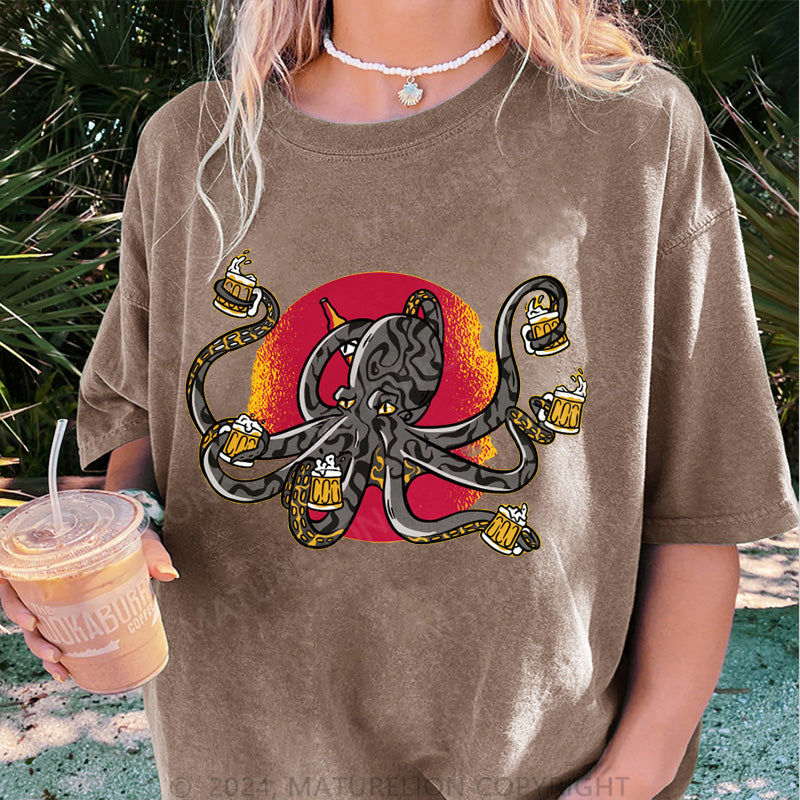 Maturelion Oktopus Und Bier Damen Gewaschene Vintage T-Shirt