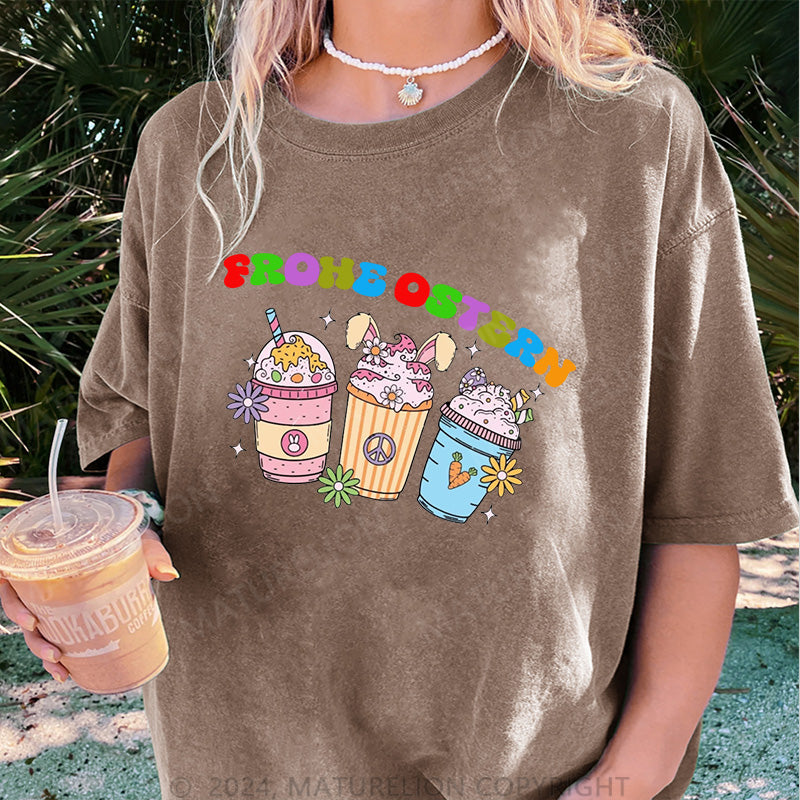 Maturelion Frohe Ostern und Getränke Damen Gewaschene Vintage T-Shirt