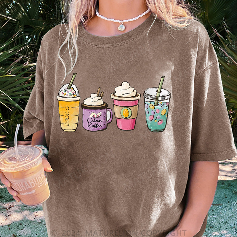 Maturelion Ostern Kaffee Hase und Ei Damen Gewaschene Vintage T-Shirt